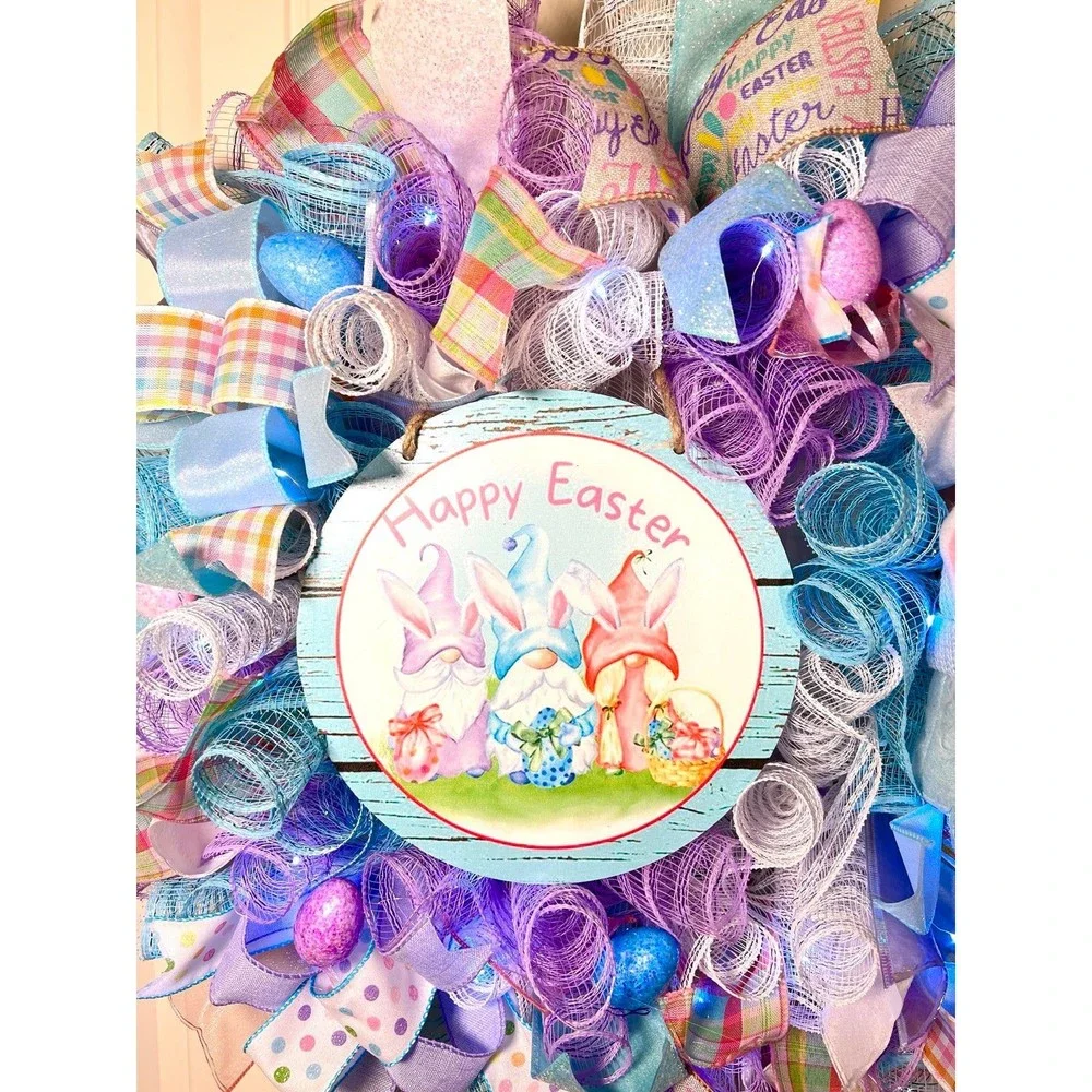 Handmade Easter Bunny Gnome Prelit Ribbon Wreath 22 in LED W9